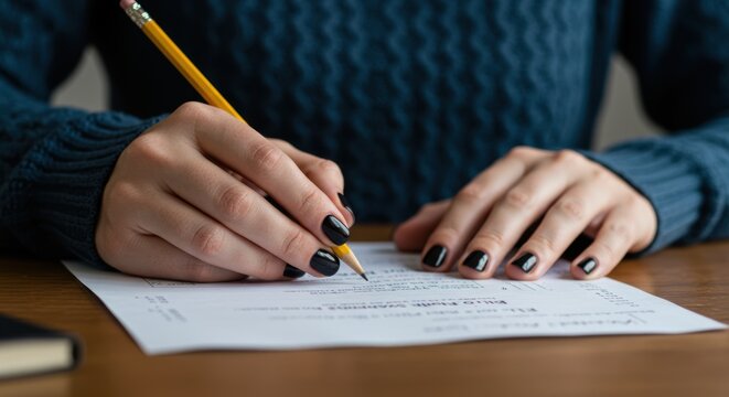 Student writes with pencil filling out form concept showing education testing and academic assignments on paper