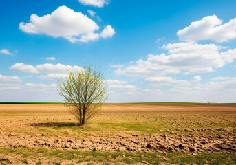 Obraz premium Sunny summer landscape showing a dry agricultural field with blowing dust and a lone tree under a bright sky. Concept of drought, heatwave, and climate change.