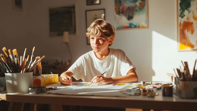 Concentrating on the canvas, a young boy paints with brushes and vibrant tempera colors while seated at a desk in an art class, either at home or in school, expressing his creativity