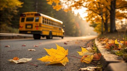 Yellow school bus driving away along a scenic road, surrounded by vibrant autumn foliage on a sunny morning filled with golden light