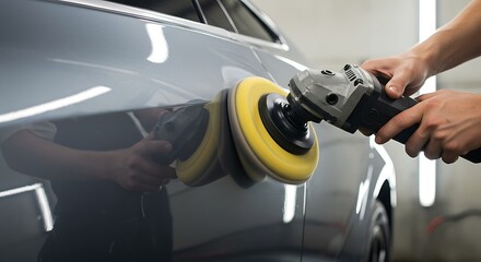 Fototapeta premium Car Waxing and Buffing: Expert Hands Applying Polish to a Car's Exterior with an Electric Buffer, Illustrating Meticulous Vehicle Care and Restoration