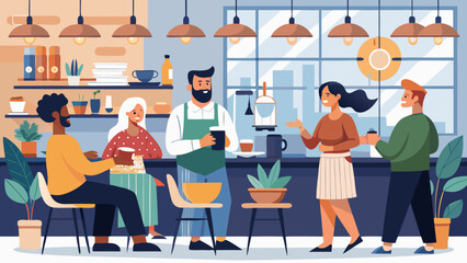 Vector art of a barista interacts with customers at the counter of a welcoming coffee shop