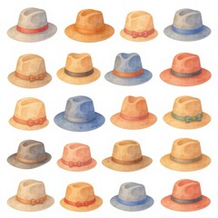 a collection of hats, arranged in a 3x3 grid on a white background, watercolor style