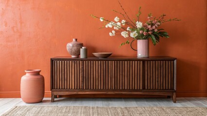 Walnut sideboard featuring ribbed sliding doors, adorned with floral arrangements and ceramic vessels, positioned against terracotta wall in modern living space
