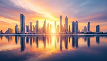 Fototapeta premium Golden Sunrise over the City Skyline Reflection