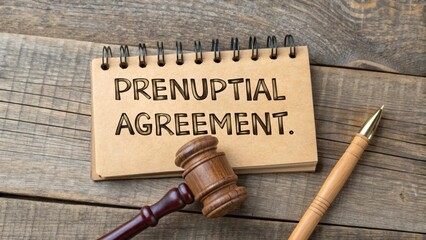 Notepad featuring a prenuptial agreement, judge's gavel, and pen resting on a rustic wooden table, symbolizing marriage and legal considerations
