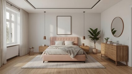 Modern Minimalist Bedroom Interior: Blush Pink Bed, Light Wood Accents, and Natural Light