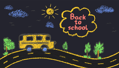 Yellow school bus on a road with trees, sun, clouds and folk of birds in the sky. Wax crayon style, drawn like on black chalkboard. Fun kindergarten theme for back to school in autumn. Vector sketch © A_Y_N