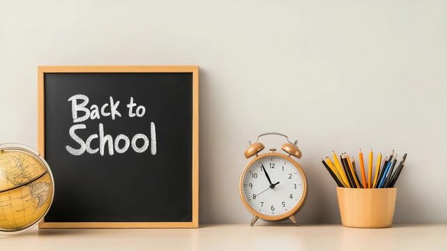 School supplies on desk against white wall background including globe, alarm clock and colored pencils in wooden container with blackboard with back to school written on it