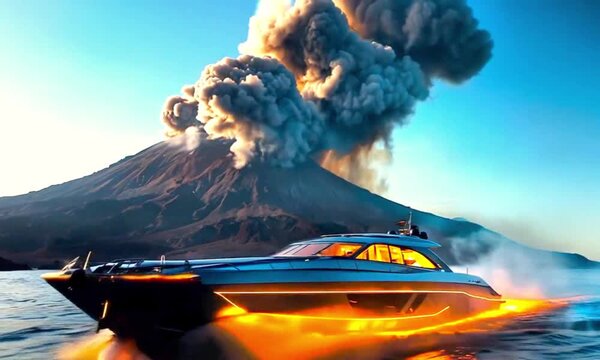 A luxury speedboat with a black design sailing in front of a smoking volcano. The volcano emits large plumes of smoke and ash into the sky.