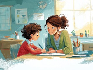 Mother and Child Learning Together Illustration
