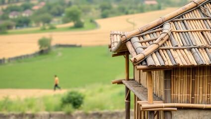 Close-up of a traditional Asian terrace house made of bamboo and clay, field behind