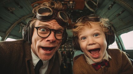 Father and Son Adventure in Vintage Airplane Cockpit