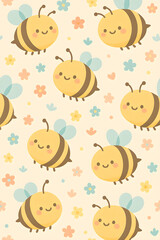 Seamless digital pattern in a cute, kawaii style, with Bee
