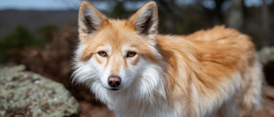Fototapeta premium Close up portrait of a fluffy dog with amber eyes and light brown fur animal