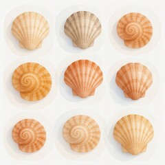 a collection of seashells, arranged in a 3x3 grid on a white background, watercolor style