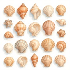 a collection of seashells, arranged in a 3x3 grid on a white background, watercolor style