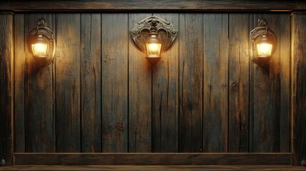 Vintage lanterns on rustic wooden wall