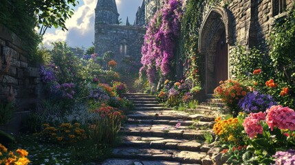 Fototapeta premium Flowers and plants stairway to building