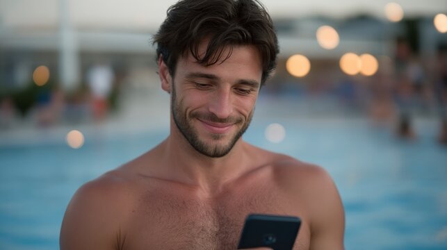 Smiling shirtless man with beard looking at smartphone with blurred background of pool and bokeh lights