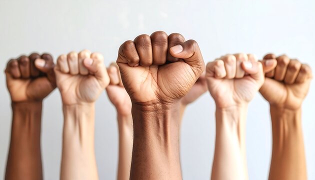 Diverse hands raised in a powerful, unified fist