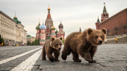 Two brown bear cubs are walking on Red Square with Saint Basil's Cathedral and the Kremlin in the background