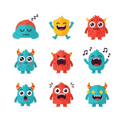 Collection of colorful cartoon monsters displaying various emotions and expressions against a white background.