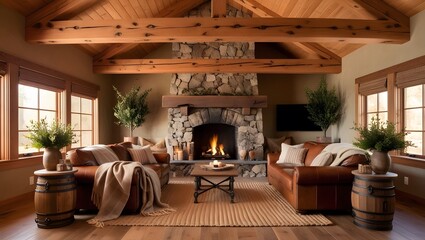 Warm and inviting hdr photograph of rustic luxury home interior featuring modern fireplace wood accents vintage furniture and cozy textures ideal for property showcasing and design inspiration