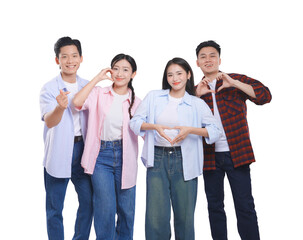 Fototapeta premium Four friends expressing love by making finger heart gesture wearing casual shirts over plain t-shirts