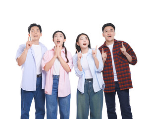 Obraz premium Group of people look up in surprise pointing upwards They are curious and excited to discover