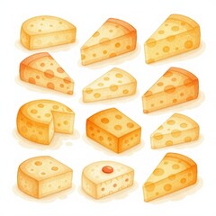 a collection of cheese, arranged in a 3x3 grid on a white background, watercolor style