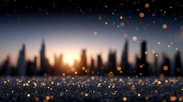 Blurred cityscape at dusk with bokeh lights and stars in the sky urban