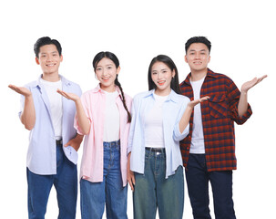 Obraz premium Enthusiastic young adults smiling and presenting information with hands in a group studio shot