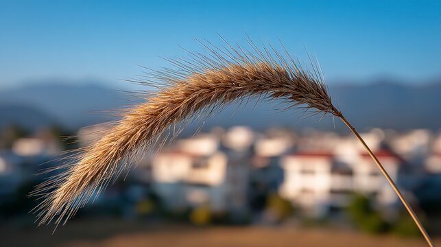 A close up of a single dried grass seed head against a blurred background of buildings and mountains