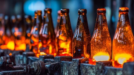 Hot molten glass bottle forming on production line in glassworks factory. Industrial manufacturing process of glass containers in modern glass industry with glowing material