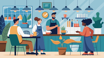 Vector art of customers enjoy coffee and conversation at tables in a bright cafe