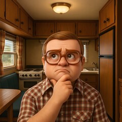 3d cartoon character of the men thinking on the kitchen
