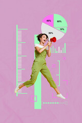 Vertical pop poster banner collage of happy businessman businesswoman stand megaphone graph diagram progress economy concept
