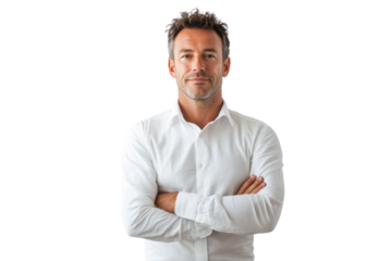 Full length business portrait of confident businessman. Entrepreneur in white shirt, Serious mid adult, mature age man standing, isolated on white background.