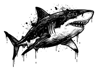 Abstract Surreal Shark Painting Messy Style Deep Solid Black Drip and Splat Black and White Outline Line Art Drawing