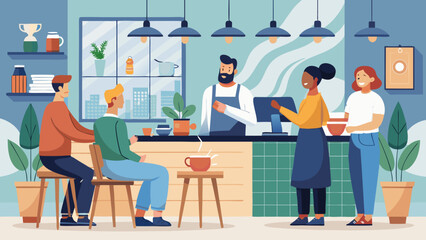 Vector art of a diverse group of friends enjoys coffee and conversation at a modern cafe with a friendly barista