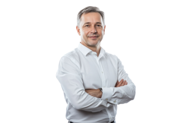 Full length business portrait of confident businessman. Entrepreneur in white shirt, Serious mid adult, mature age man standing, isolated on white background.