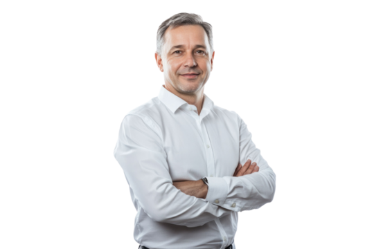 Full length business portrait of confident businessman. Entrepreneur in white shirt, Serious mid adult, mature age man standing, isolated on white background. - Powered by Adobe