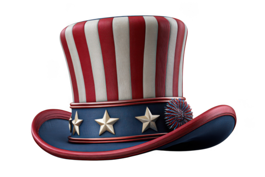 Detailed uncle sam top hat with stars and stripes isolated on transparent background