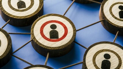 Wooden cut circles connecting strategically, red circle emphasizing target individual, symbolizing customer targeting, lead generation, headhunting, recruitment, marketing strategy