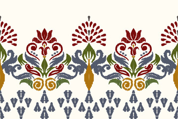 Embroidery of paisley flowers Ikat on a light yellow background. Traditional Ikat tribal pattern. Aztec abstract vector illustration. Seamless pattern in tribal, folk embroidery and Mexican style.