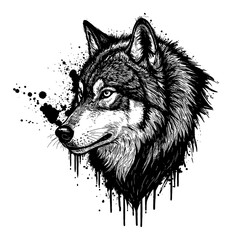 Fototapeta premium Surreal Abstract Wolf Head with Deep Solid Black Paint Drip Splat Messy Style Black and White Outline Line Art Drawing
