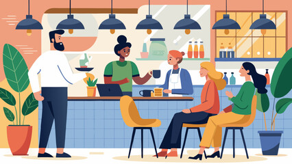 Vector art of a barista serves a tray of drinks to seated customers at a trendy coffee shop