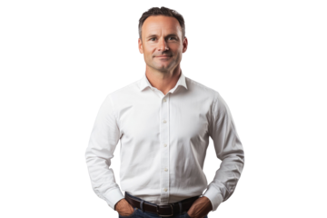 Full length business portrait of confident businessman. Entrepreneur in white shirt, Serious mid adult, mature age man standing, isolated on white background.