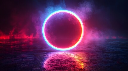 Glowing neon ring reflecting on a misty dark water surface